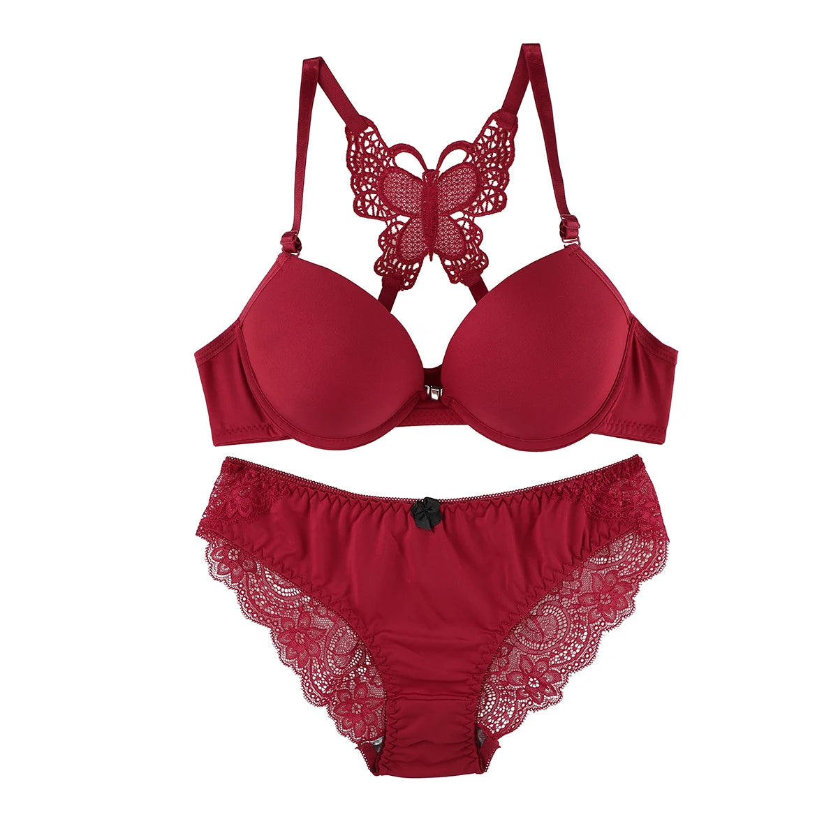 Set da 2 pezzi di vendita caldo di reggiseno rosso sexy con bottoni frontali bellissimo reggiseno moda farfalla posteriore push up set da donna A2120