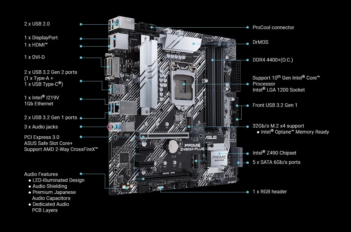 Scheda madre ASUS PRIME Z490M-PLUS Intel Z490 LGA 1200 supporta CPU 11900K 10900K 10700K 11700K 10600K 11600K DDR4 M.2 HDMI MATX