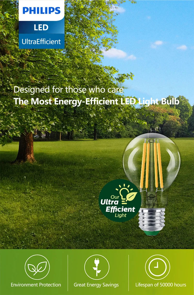 Philips Lampadina a filamento LED ultra efficiente Trasparente A60 E27 Vite Edison 2,5 W 4 W Lampada LED in vetro classico Colore bianco Risparmio energetico 1x