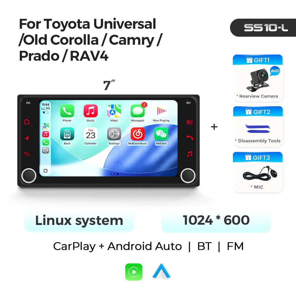 MEKED Autoradio Linux 7 Pollici con CarPlay Wireless e Android Auto per Toyota Yaris Corolla RAV4 Avensis Aygo Prius, Lettore Multimediale Universale 4K con Schermo per Telecamera Posteriore