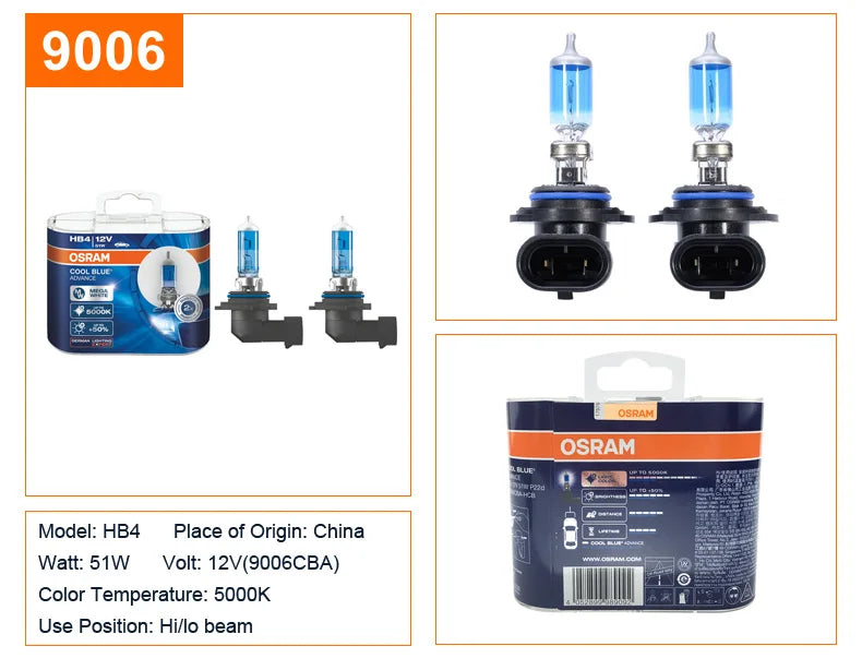 OSRAM Cool Blue Advance H4 H7 H9 H11 12V 5000K Bianco puro H1 H3 HB3 HB4 Xenon Look Auto Lampade alogene Faro originale