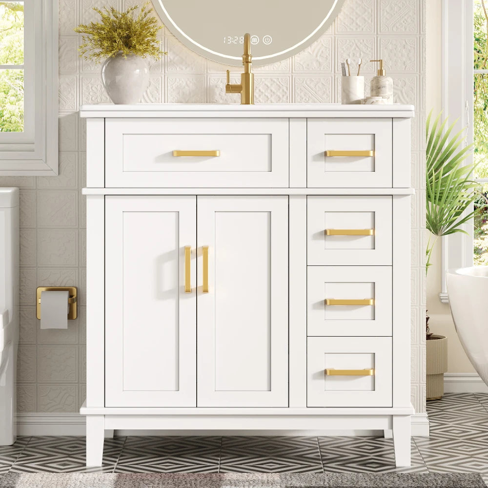 Mobile bagno moderno 76x86x46,5 cm con lavabo in ceramica integrato, mobiletto a cassetti autoportante con ampio spazio contenitivo, dotato di chiusura ammortizzata silenziosa e protezione dal troppo pieno del lavabo, elegant