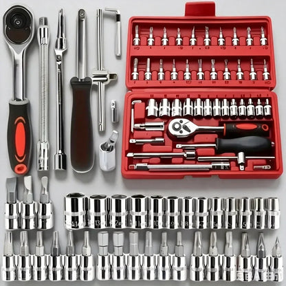 Set di 46 Pezzi di Chiavi a Bussola, Kit di Cacciaviti a Cricchetto, Set di Utensili Manuali per Riparazioni Auto, Manutenzione Biciclette e Riparazioni Meccaniche Domestiche