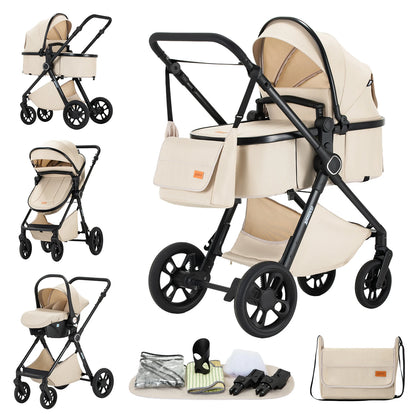 Passeggino per Neonati 3-in-1 di Lusso, Carrozzina da Viaggio Portatile con Telaio in Alluminio, Passeggino Pieghevole con Vista Panoramica