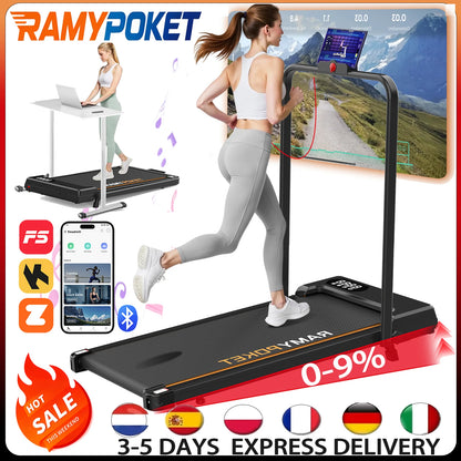 Tapis roulant con inclinazione del 9%, silenzioso, 2.5HP, 1-10km/h, APP e LED, tapis roulant con maniglia, tapis roulant per casa, 150kg