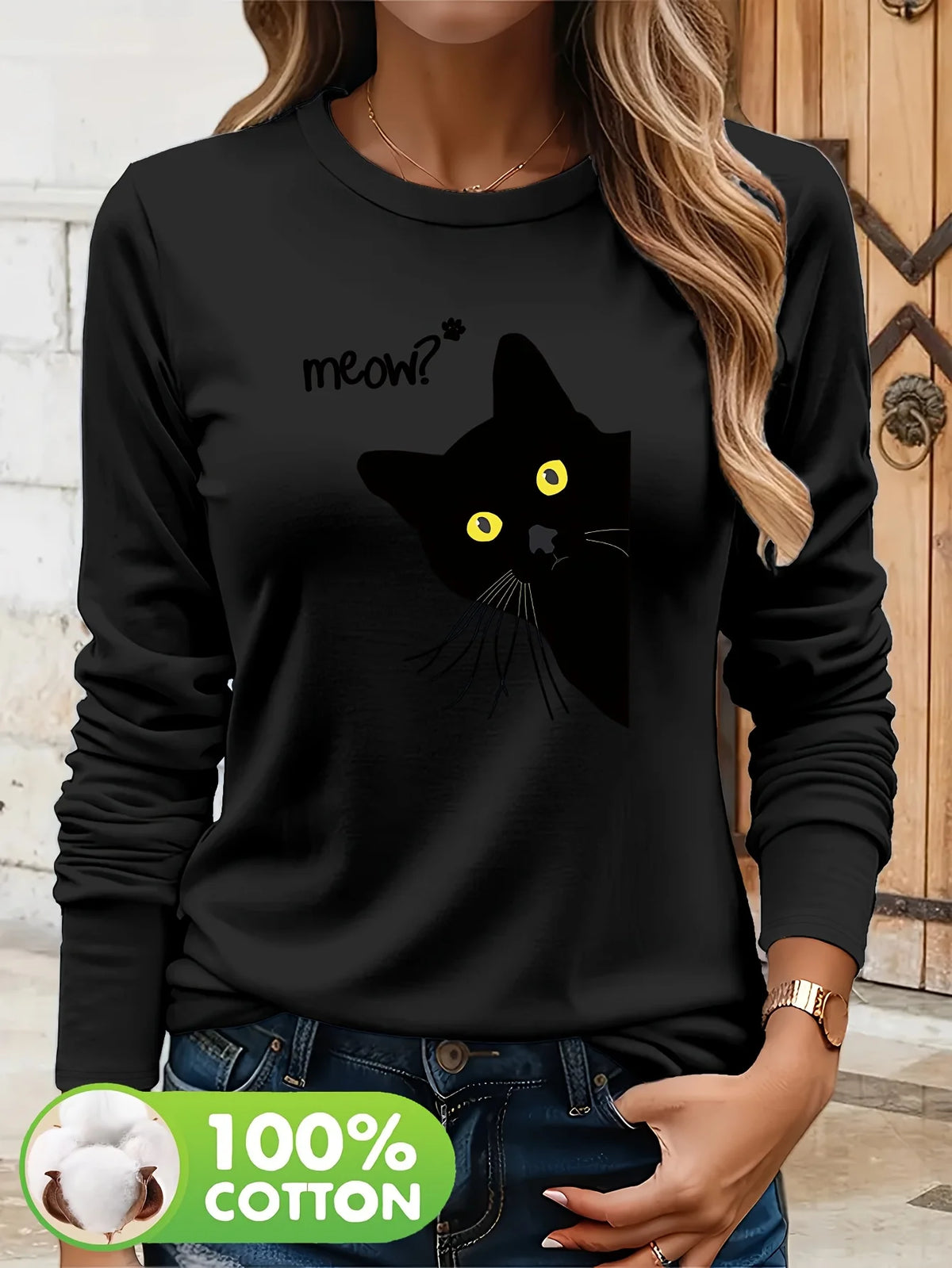 T-shirt da donna in 100% puro cotone, ideale per la primavera e l'autunno, comoda, casual, alla moda, con maniche lunghe, stampa grafica a tema felino e scollo rotondo.