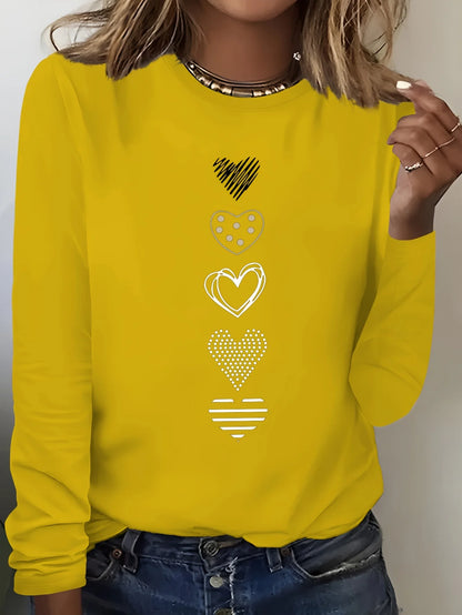 Abbigliamento primaverile e autunnale da donna in cotone 100 T-shirt stampata con cuore colorato Manica lunga Girocollo Top casual