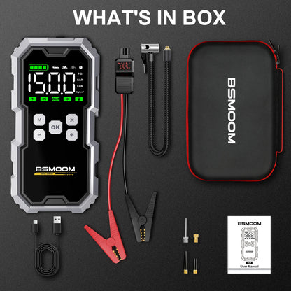 Avviatore di Emergenza Portatile per Auto 1500A, Compressore d'Aria 150PSI 26800mAh/21800mAh, Power Bank con Pompa d'Aria per Gonfiaggio Pneumatici, Avviatore di Emergenza per Auto, Avvia Rapidamente l'Auto, Ingresso/Uscita U
