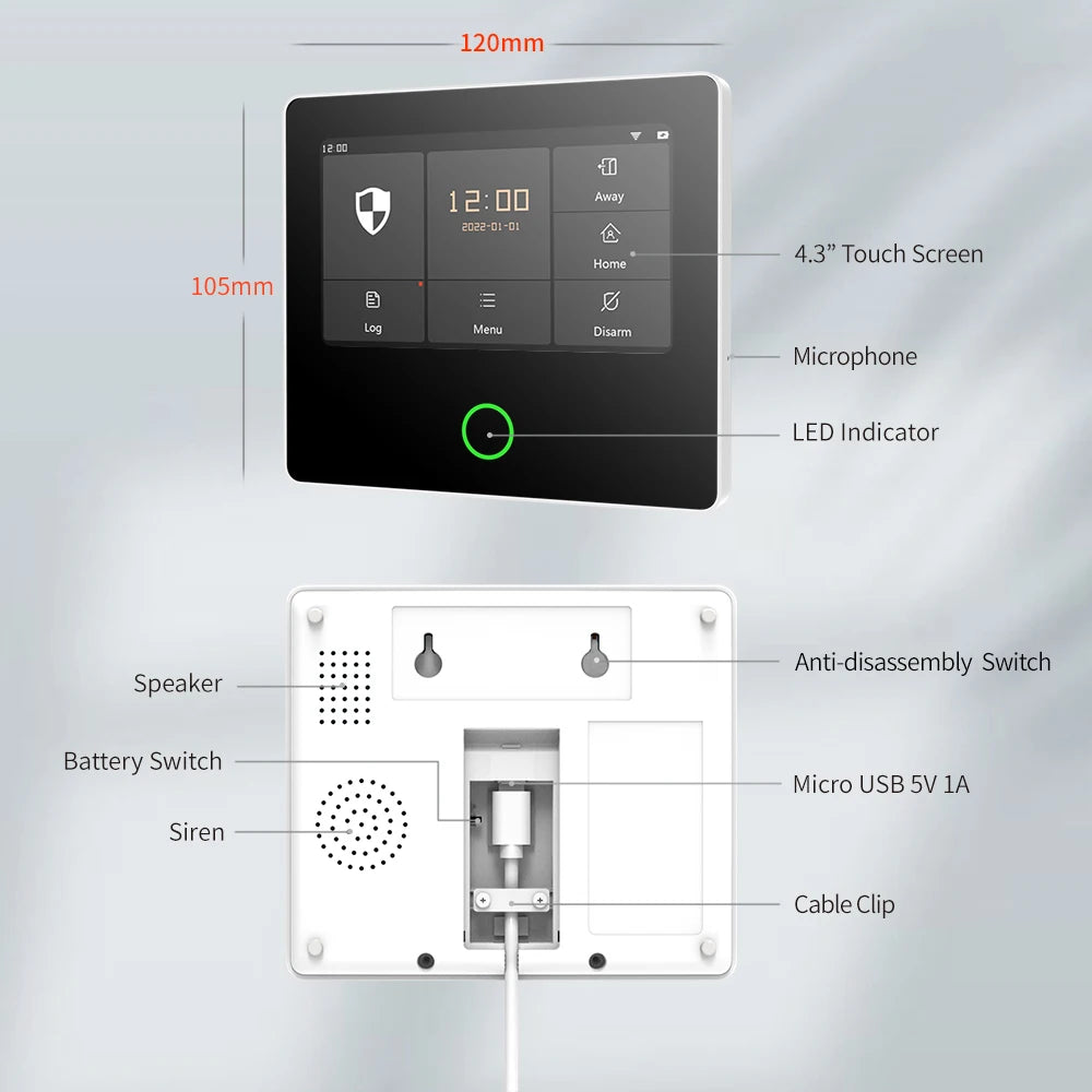 Staniot WiFi SecPanel 5 sistema di allarme domestico Wireless Tuya Smart 4.3 "Kit di sicurezza Touch Screen sirena integrata APP telecomando,Batteria integrata da 1500 mAh, supporto per Alexa