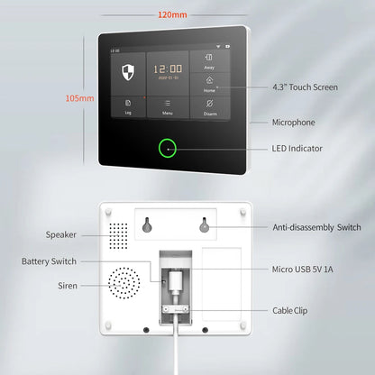 Staniot WiFi SecPanel 5 sistema di allarme domestico Wireless Tuya Smart 4.3 "Kit di sicurezza Touch Screen sirena integrata APP telecomando,Batteria integrata da 1500 mAh, supporto per Alexa