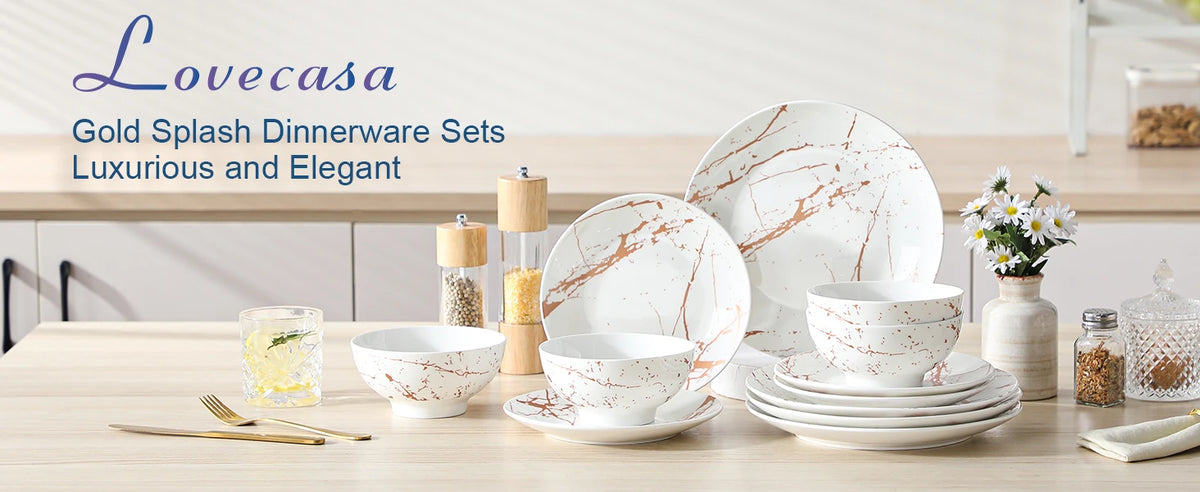 LOVECASA Set di piatti in ceramica da 12/24 pezzi Color smalto bianco con Set di stoviglie in oro con cena/Dessert/ciotola da 4/8 pezzi per 4/8 persone