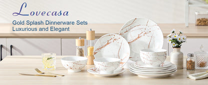 LOVECASA Set di piatti in ceramica da 12/24 pezzi Color smalto bianco con Set di stoviglie in oro con cena/Dessert/ciotola da 4/8 pezzi per 4/8 persone