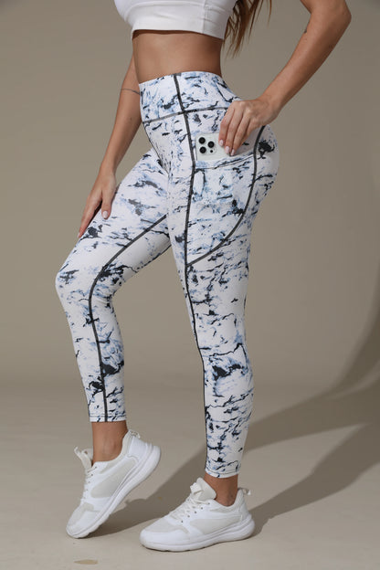 Pantaloni fitness da donna con tasca a vita alta stampati abbinati a pantaloni da yoga addominali attillati, adatti per correre, escursioni e sp