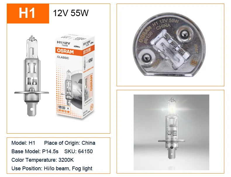 OSRAM H1 H4 H3 H7 HB2 9003 CLASSIC Auto Faro Alogeno Lampade Standard 3200K Luce Bianca Originale 12V 55W Lampadine ECE (10 PZ)