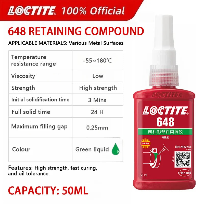 100% originale Loctite 638 660 680 648 603 609 620 660 641 Sigillante anaerobico 50ml Composto di fissaggio ad alta resistenza Frenafiletti