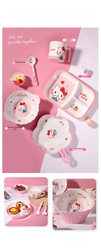 WUHE Set di Stoviglie per Bambini Hello Kitty, Ciotole e Piatti in Melamina, Design Cartoon per Ragazze, Senza BPA, Infrangibile, Lavabile in Lavastoviglie