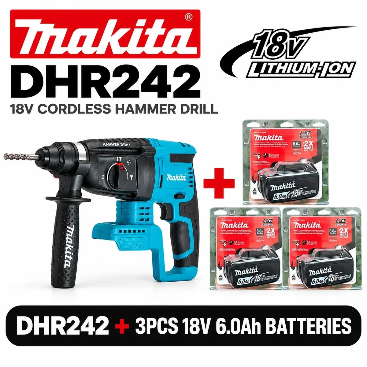Trapano perforatore rotante SDS Plus Makita DHR242 18V LXT, senza spazzole, a batteria, capacità 24mm per calcestruzzo, 4700 IPM 2.0J, utensile elettrico professionale a 3 modalità, compatibile con BL1860B BL1850B BL1815, s