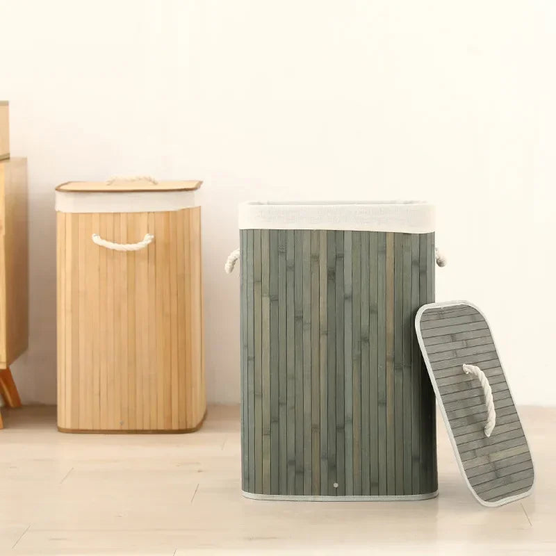 Cesto per Bucato Pieghevole di Grande Capacità, Contenitore in Bambù Rotondo per Organizzare Vestiti, Cesto Compatto per la Casa