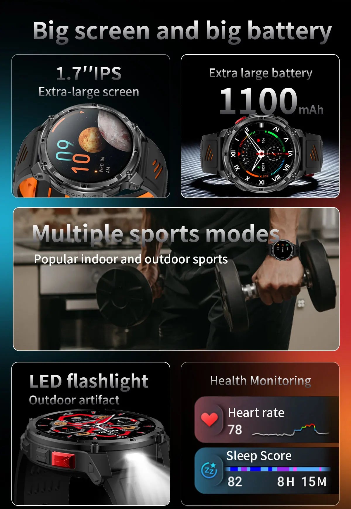 Nuovo Smartwatch T-REX3 Ultra con Batteria da 1100mAh, Impermeabile 10ATM, GPS, Bussola, Torcia, Display AMOLED HD da 1.7'', Chiamate, Orologio Sportivo Intelligente per Uomo
