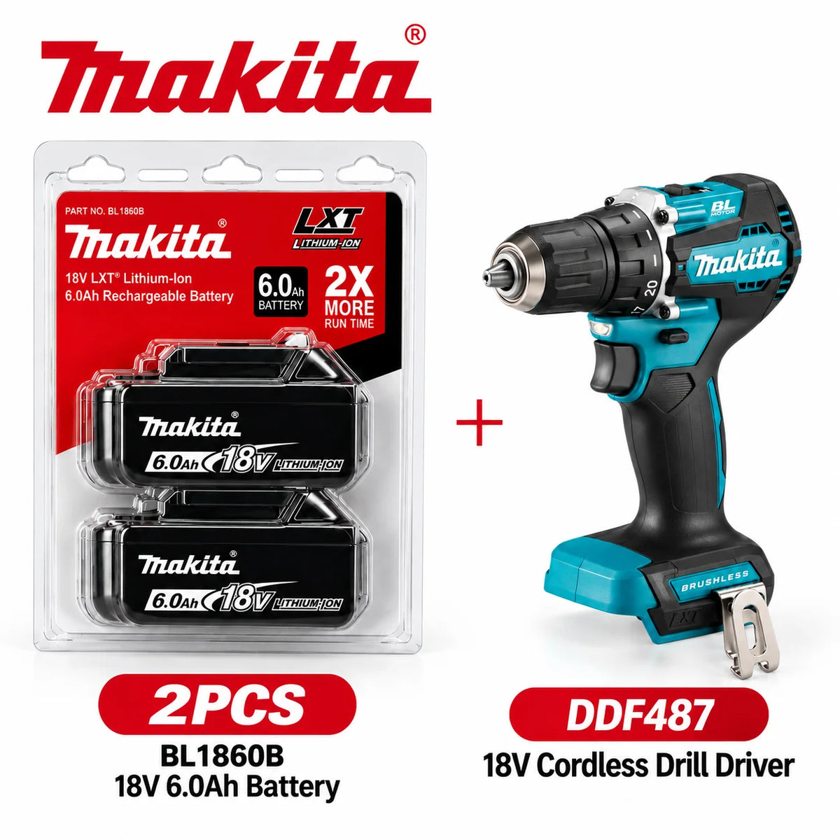Trapano avvitatore a batteria Makita DDF487 18V LXT, compatto, leggero, con elevata coppia, 20 impostazioni di coppia, luce LED e cambio a 2 velocità.