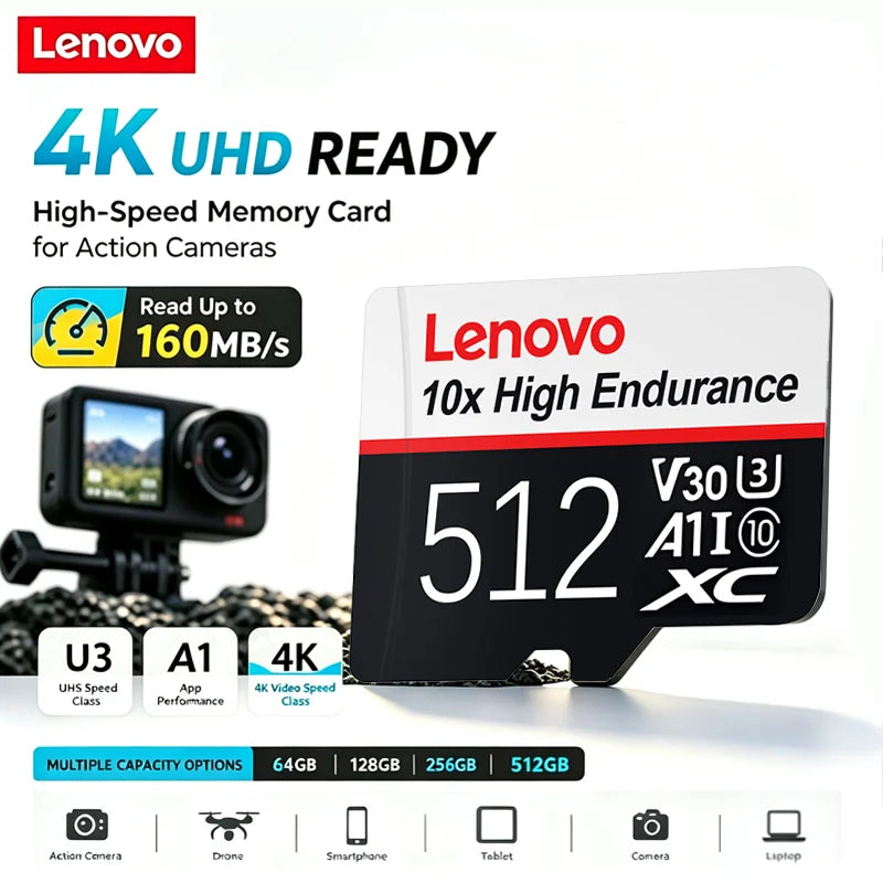 Scheda Micro SD Lenovo ad alta velocità, 512 GB, 1 TB, classe A2, per Nintendo Switch, Steam Deck e smartphone – disponibili anche schede di memoria da 256 GB e 128 GB.