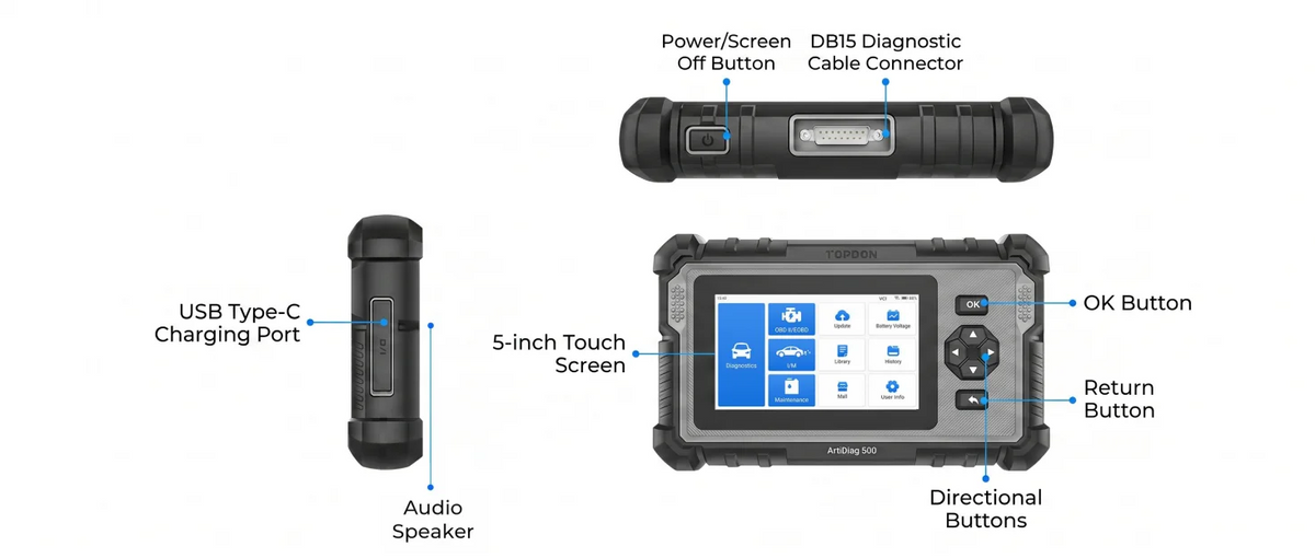 Topdon Strumento diagnostico per auto 4 sistemi OBD2 Scanner diagnostico Motore ABS SRS Airbag Strumento di scansione automatica Lettore di codici ArtiDiag500