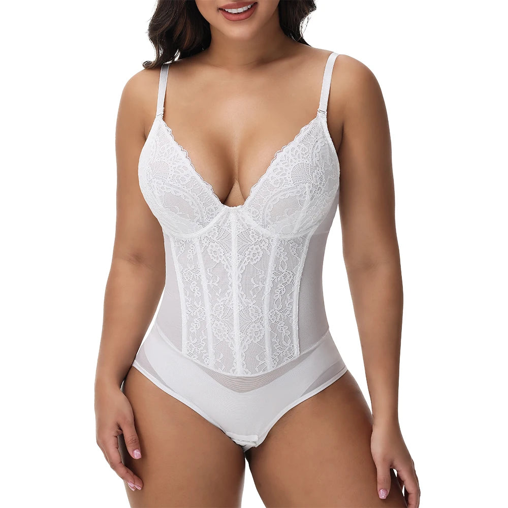Body modellante in pizzo da donna con ferretto, controllo della pancia, modellante per tutto il corpo, corsetto con scollo a V, top, tuta, slip, lingerie, abbigliamento sexy