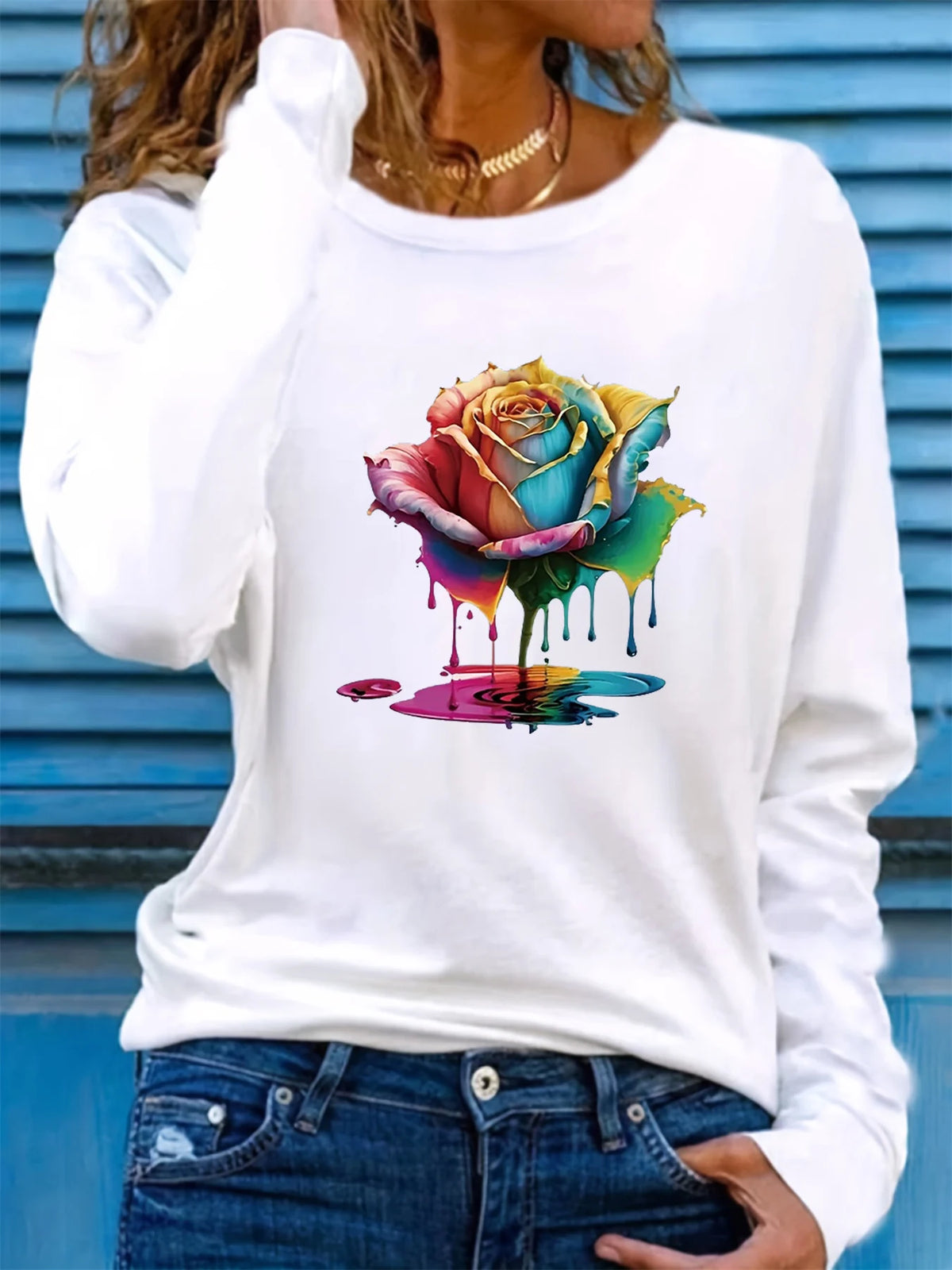 T-shirt da donna in 100% puro cotone, a maniche lunghe, con scollo rotondo, stile casual, con stampa grafica floreale, vestibilità ampia, ideale per la primavera e l'autunno.