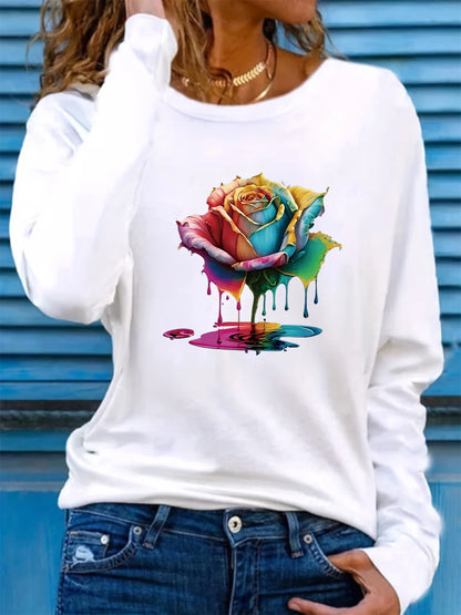 T-shirt da donna in 100% puro cotone, a maniche lunghe, con scollo rotondo, stile casual, con stampa grafica floreale, vestibilità ampia, ideale per la primavera e l'autunno.