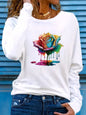 T-shirt da donna in 100% puro cotone, a maniche lunghe, con scollo rotondo, stile casual, con stampa grafica floreale, vestibilità ampia, ideale per la primavera e l'autunno.