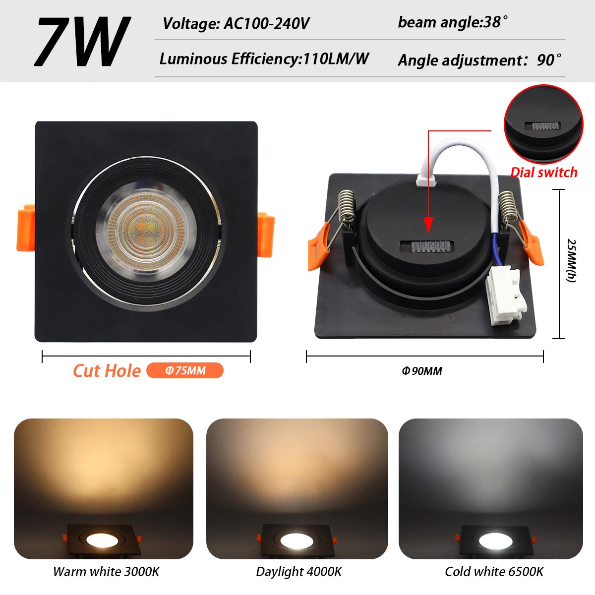 Faretto Orientabile 7W con Regolazione Colore 3000K 4000K 6000K, Illuminazione CCT 7W, Sostituzione Downlight per Illuminazione Direzionale Domestica (1-10 Pezzi)