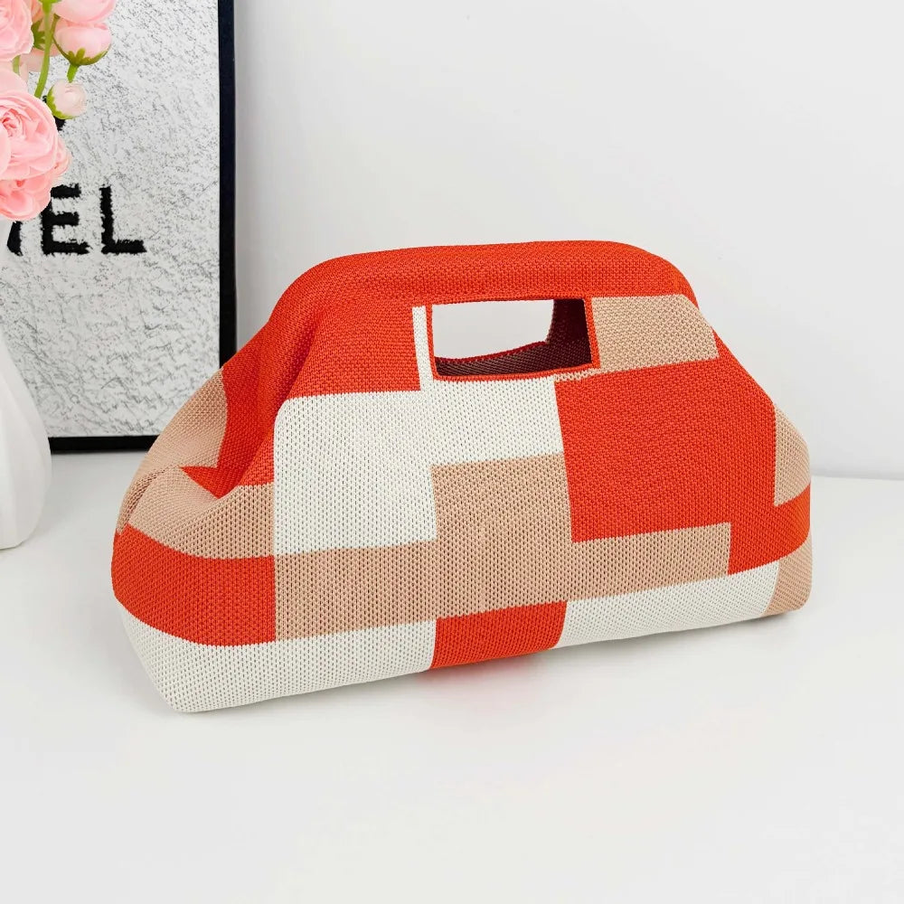 Nuova borsa intrecciata traforata a righe, borsa a mano in maglia, versatile borsa portatile per cosmetici