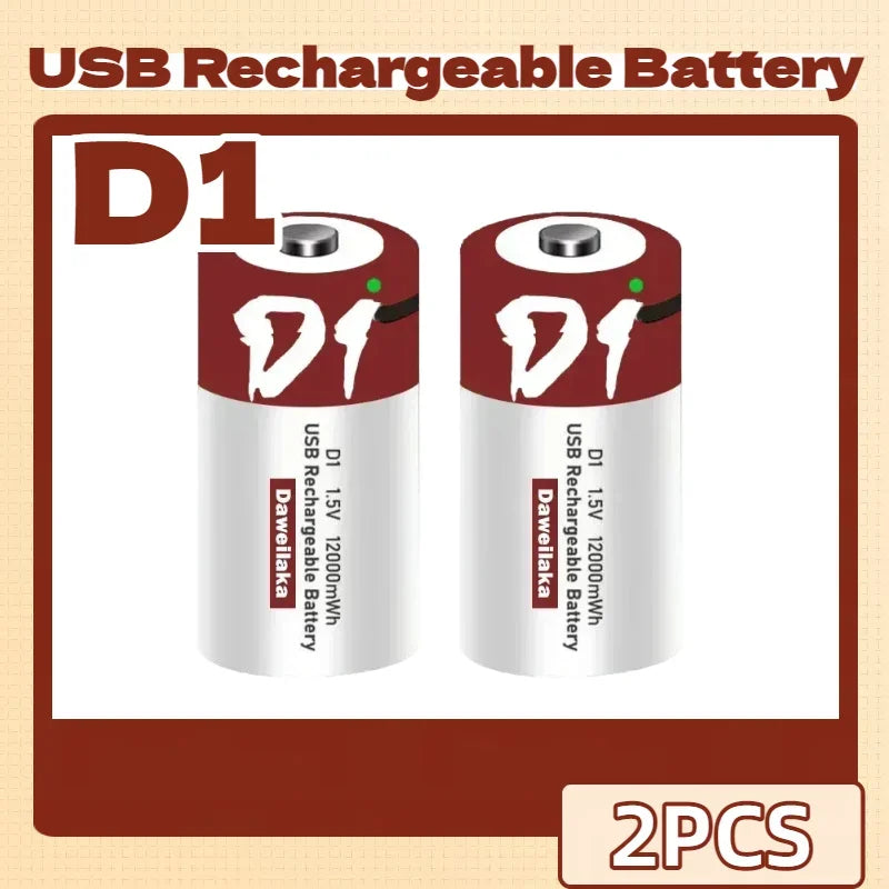 Batteria agli ioni di litio da 1,5 V formato D, 12000 mWh, ricaricabile tramite USB per torce, scaldabagni, giocattoli, include cavo di ricarica gratuito