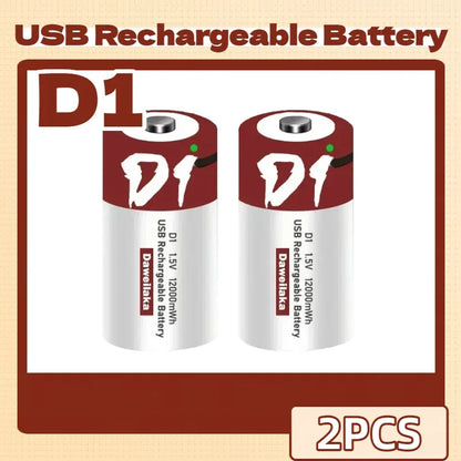 Batteria agli ioni di litio da 1,5 V formato D, 12000 mWh, ricaricabile tramite USB per torce, scaldabagni, giocattoli, include cavo di ricarica gratuito