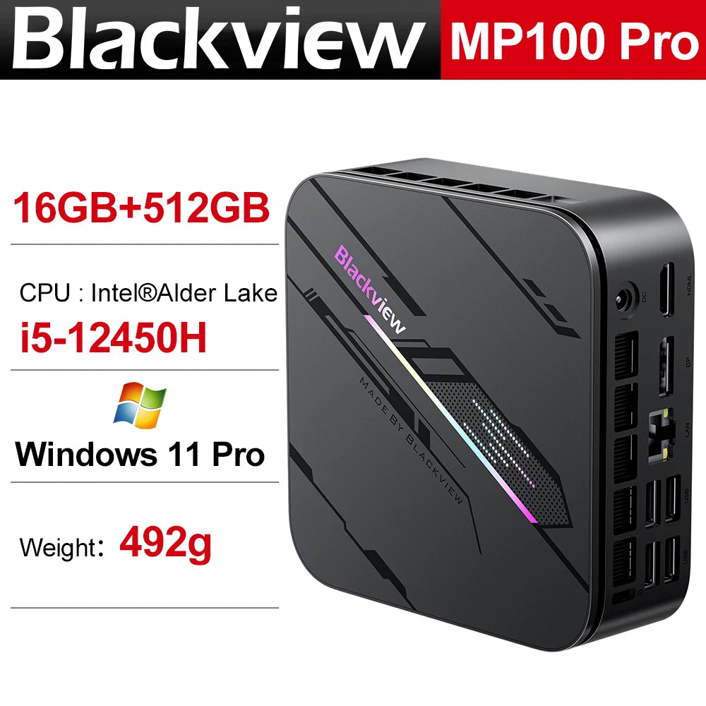 Mini PC aziendale Blackview MP100 Pro, Windows 11 Pro, due opzioni di processore Intel 12ª generazione i3-1215U / i5-12450H, 16GB RAM DDR4, SSD M.2 NVMe 512GB, WiFi 6, uscita video 4K UHD, chip di sicurezza TPM 2.0, pi