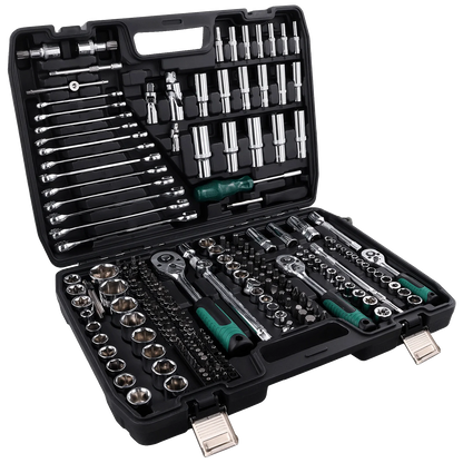 Podofo Set di 216 Pezzi di Utensili Avanzati per Riparazione Auto, Set di Chiavi a Bussola da 1/4", 3/8", 1/2" con Chiave a Cricchetto a 24 Denti, Chiave a Cricchetto Ergonomica, Set di Utensili per Meccanici per Riparazione