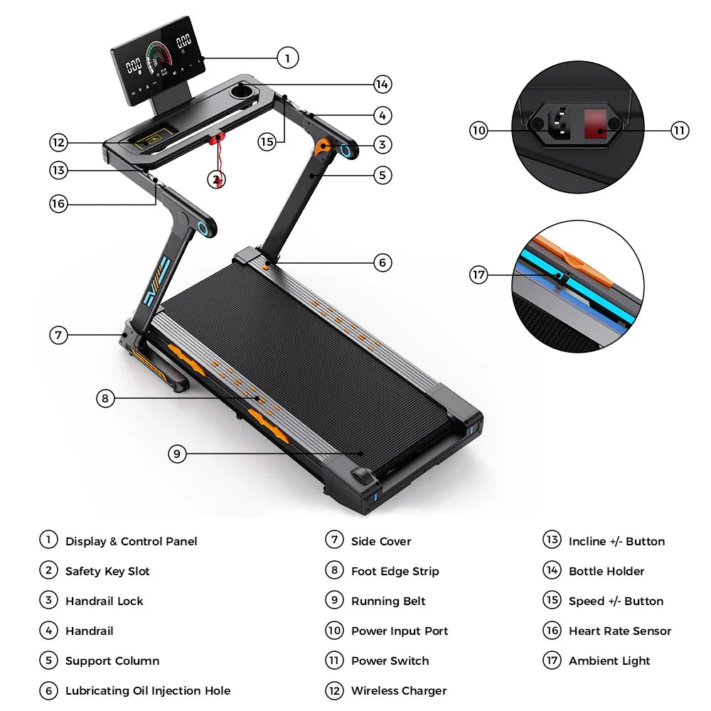 Treadmill Pieghevole FT71 4.0HP, Pedana da Camminata con Inclinazione Automatica del 24%, Macchina da Corsa con APP, Ricarica Wireless, Display LED, Capacità 150KG