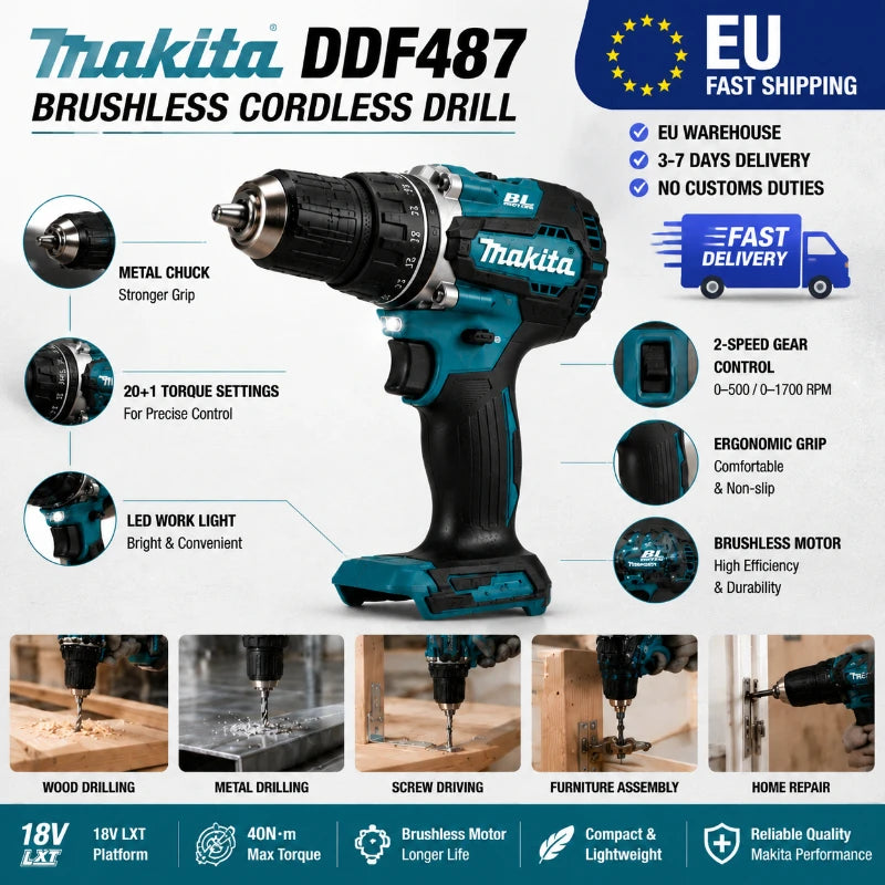 Trapano Avvitatore a Batteria Makita 18V DDF487 Brushless ad Alta Coppia + Batteria al Litio BL1860B BL1840 6.0Ah Kit Utensili Elettrici Spedizione Veloce da Magazzino EU