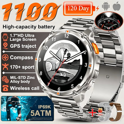 Nuovo Smartwatch T-REX3 Ultra con Batteria da 1100mAh, Impermeabile 10ATM, GPS, Bussola, Torcia, Display AMOLED HD da 1.7'', Chiamate, Orologio Sportivo Intelligente per Uomo
