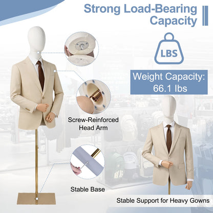 Manichino Regolabile per Sartoria ed Esposizione, Torso Femminile con Testa e Braccia Staccabili, Supporto Dorato Regolabile in Altezza, con Rivestimento in Lino, per Abbigliamento Donna, Uomo, Bambino e Esposizione Gioielli