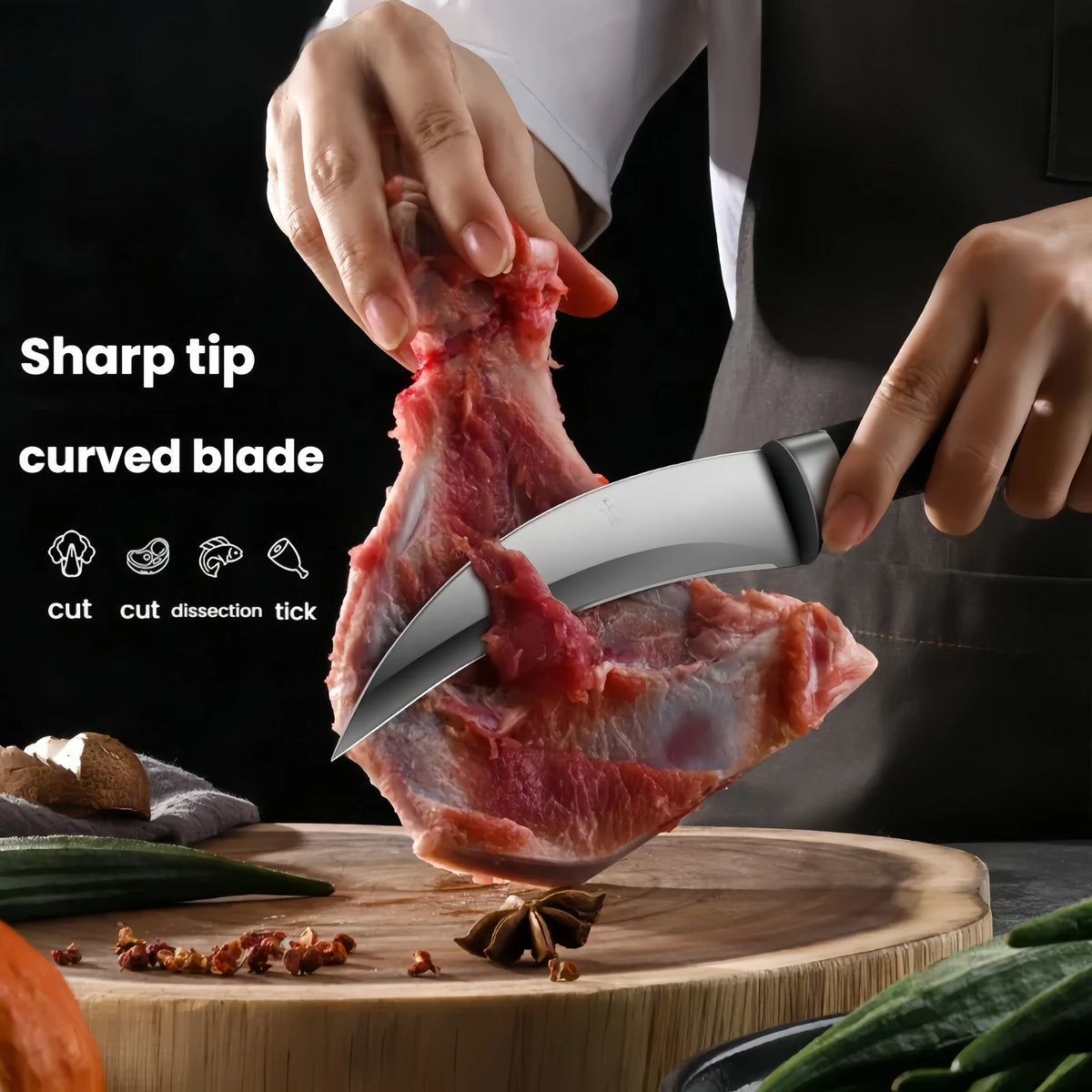 Coltello da cucina professionale in acciaio inossidabile. Coltello affilato per tagliare carne e verdure. Manico antiscivolo con fodero.