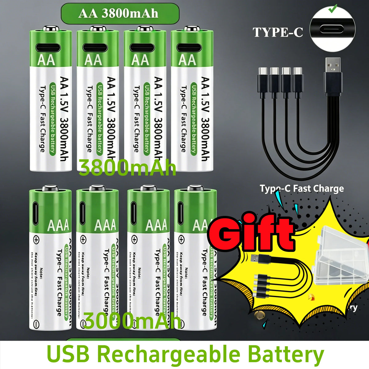 Nuove Batterie al Litio Ricaricabili AA 1.5V 3800mAh + AAA 3000mAh, Ricarica Rapida, 1200 Cicli, con Cavi Gratuiti e Scatola