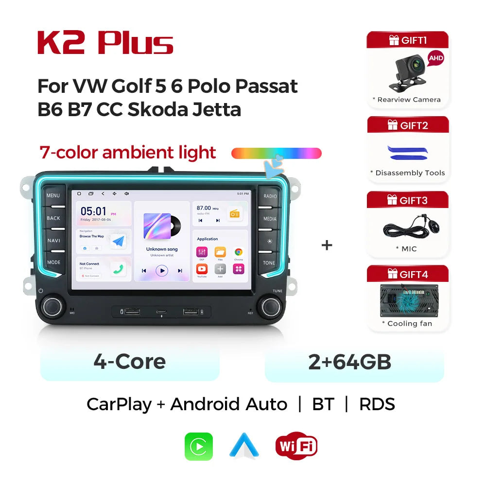 MEKEDE Android 15 Wireless CarPlay Auto Car Multimedia Player per VW Golf Passat Polo EOS T5 Skoda Combi 4G WiFi Luce Ambientale
