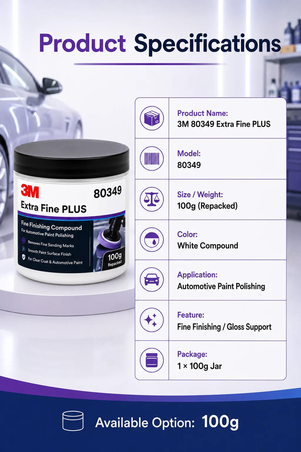 Composto Lucidante Professionale 3M 80349 Extra Fine Plus per Vernice Auto, Rimozione Graffi Sottili, Dettagliatura Finitura Trasparente, 100g Riconfezionato