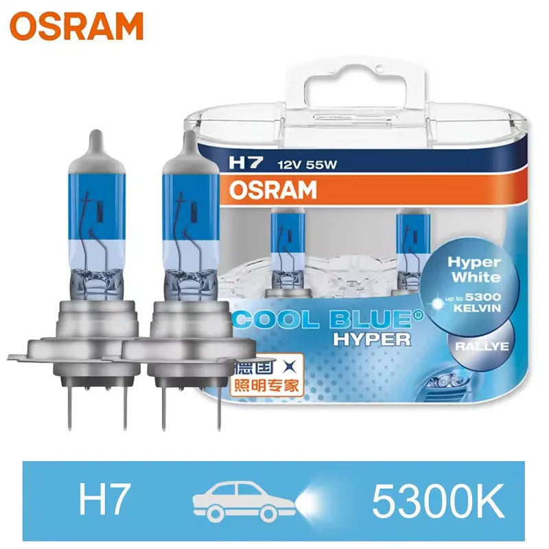 OSRAM H7 H4 H1 H11 HB3 9005 HB4 9006 Lampadina Alogena per Fari Auto, Luce Abbagliante/Anabbagliante 5300K 12V 55W, Bianco Hyper Cool Blue (2 Pezzi)