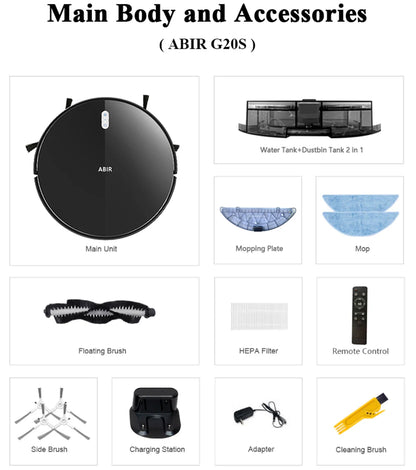 Robot Aspirapolvere ABIR G20S, Navigazione mappa AI,partizione super intelligente,con memoria, app WiFi, forte aspirazione 6000Pa, lavaggio intelligente a umido, disinfezione, funziona con Alexa e Google Assistant