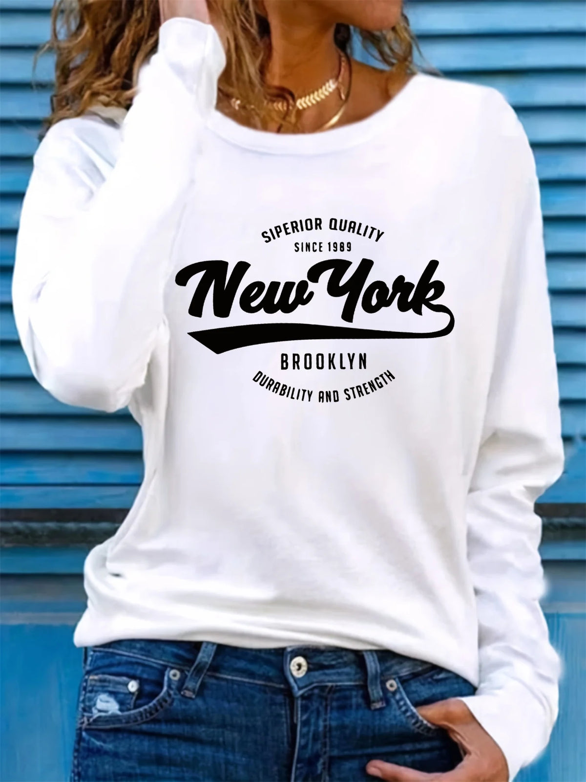 T-shirt da donna in 100% puro cotone, ideale per la primavera e l'autunno, dal taglio ampio e confortevole, con stampa a lettere "NEW YORK", maniche lunghe e scollo rotondo.