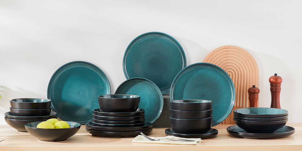 Set di piatti in ceramica PLAYB, 18/24 pezzi, con smalto reattivo, set di stoviglie in gres, comprensivo di 6 piatti da portata, 1 piatto da dessert e 1 ciotola per cereali.