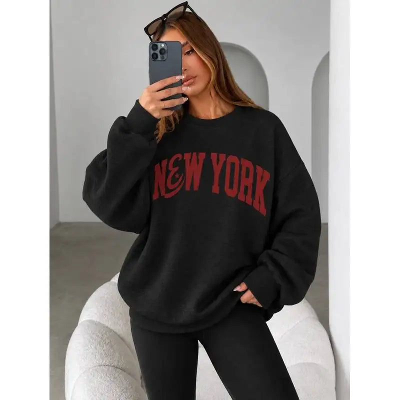 Felpa con stampa a tema New York, felpa da donna con collo alla marinara e fodera in pile, felpe sportive e per il tempo libero, ideali per l’autunno e l’inverno.