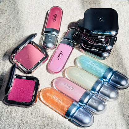KIKO Unlimited Blush, fard in polvere monocromatico, e Unlimited Double Touch, lucidalabbra in edizione limitata, lucidalabbra 3D Hydra, 25 colori.